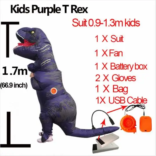 Косплей фантазия талисман t rex Велоцираптор костюм для взрослых мужчин Хэллоуин надувной Раптор динозавр T REX костюм для детей и женщин - Цвет: Kids Purple T Rex