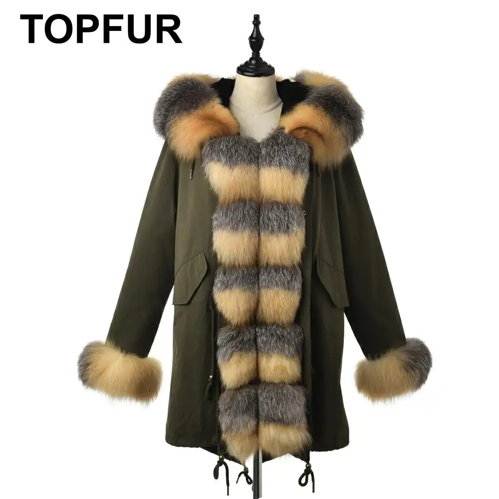 Женская парка с капюшоном из натурального красного лисьего меха армейского