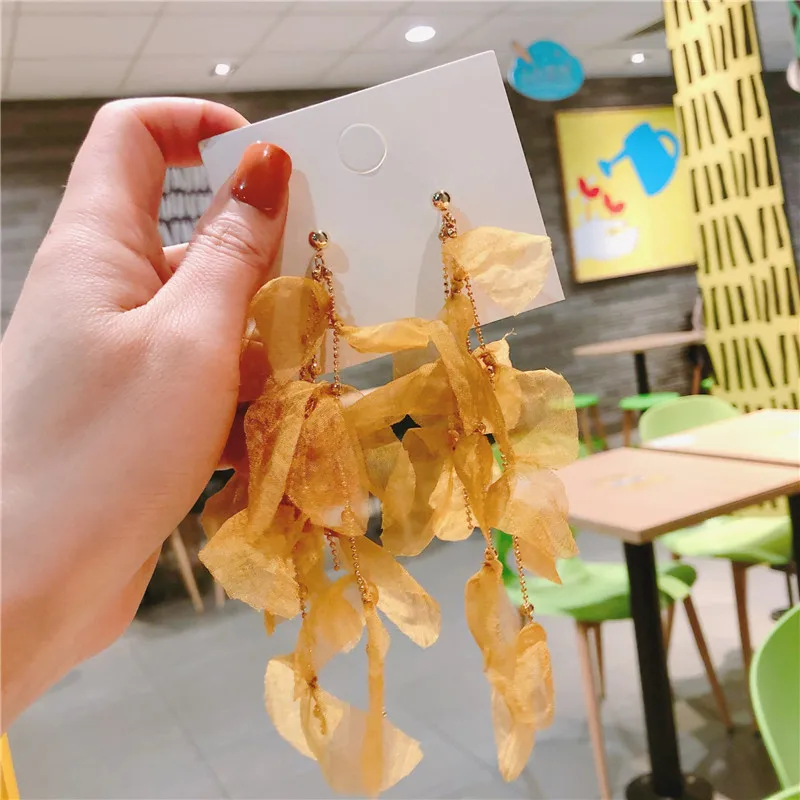 Женские шифоновые серьги тканевый лист длинные большие капли модные аксессуары