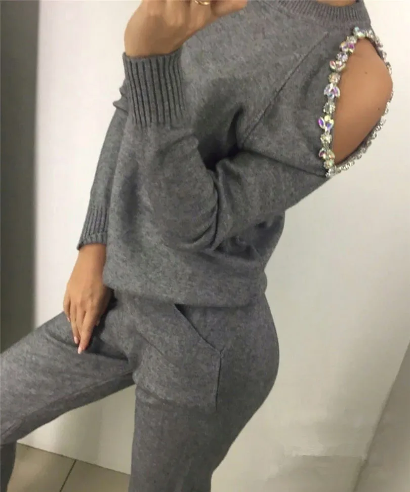 ALPHALMODA 2019 Новый женский стильный свитер с кристаллами и цепочкой на плечах + штаны