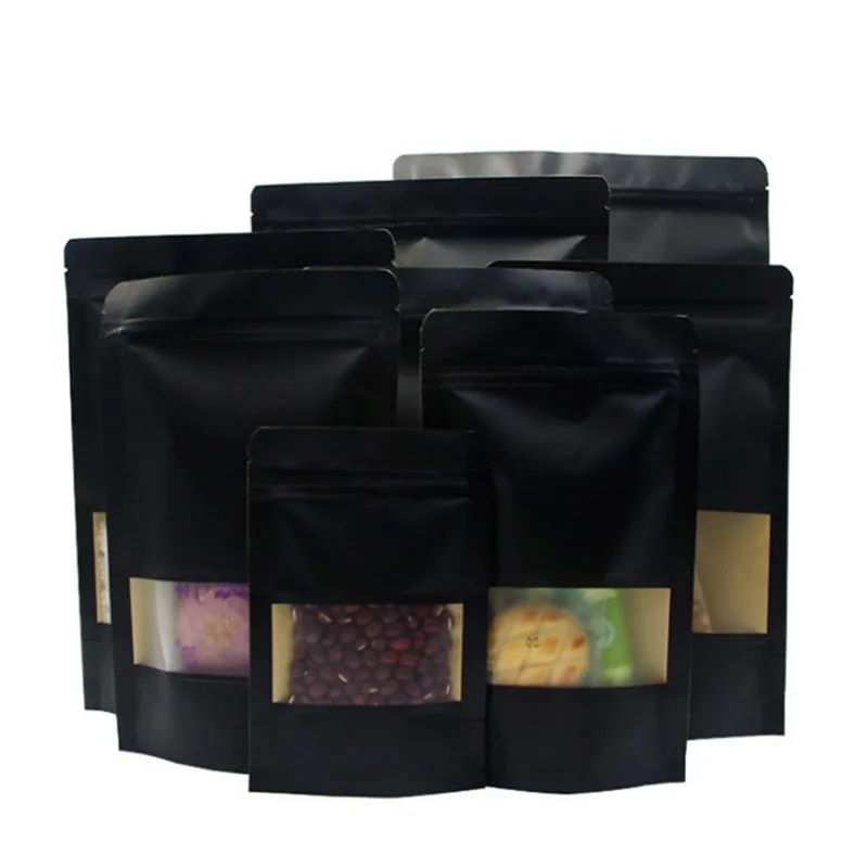 

50pcs Stand Up Black Paper Ziplock Bag Frosted Window Resealable Snack Biscuit Coffee Heat Sealing Zipper Lock Packaging Pouches