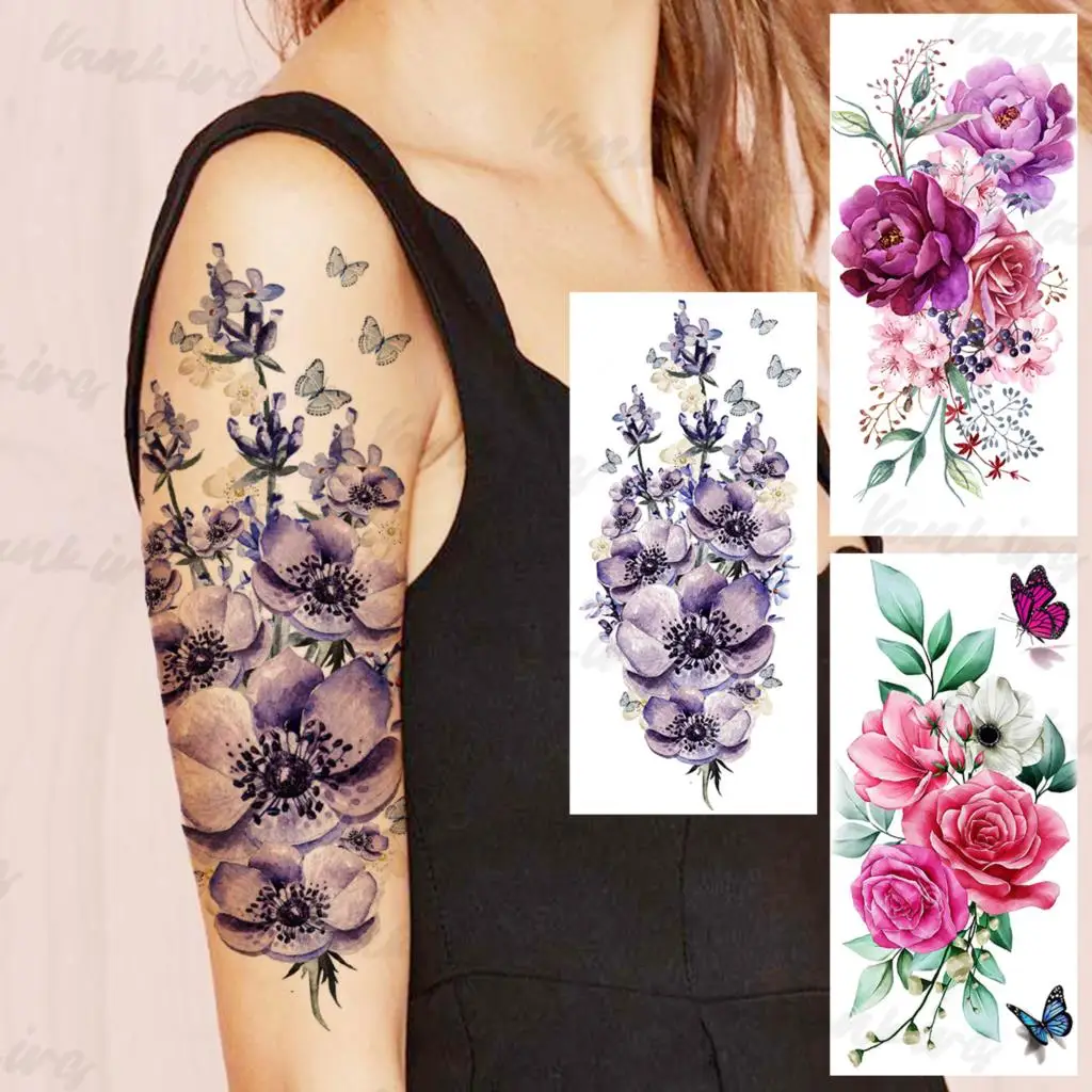 

Colorful Lavender Temporary Tattoos For Women Girls Realistic Words Butterfly Leaf Fake Tattoo Sticker Arm Leg Tatoos Waterproof