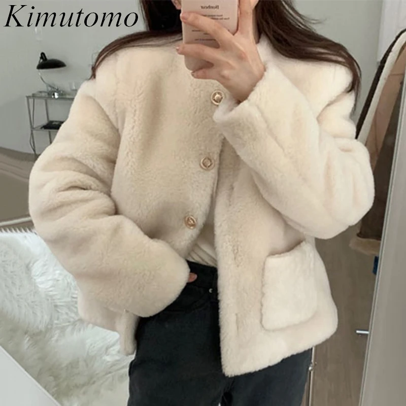 

Шикарное элегантное пальто Kimutomo, Женское зимнее Новое корейское однобортное свободное кардиган из овечьей шерсти с круглым вырезом и двумя...