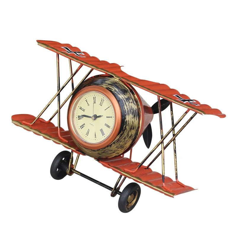 

[MGT]Retro Biplane Model Electronic Clock Old Iron Decoration Button Battery Clock Airplane Miniature Desktop Clocks Crafts
