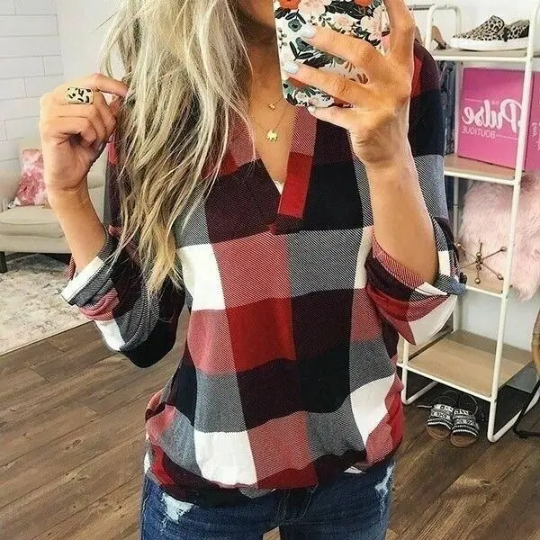 

Fashion Casual Plaid Shirt Women Roll Up Long Sleeve Sexy V Neck Blouse Ladies Loose Lattice Print Blouse Work Wear Tops Shirt