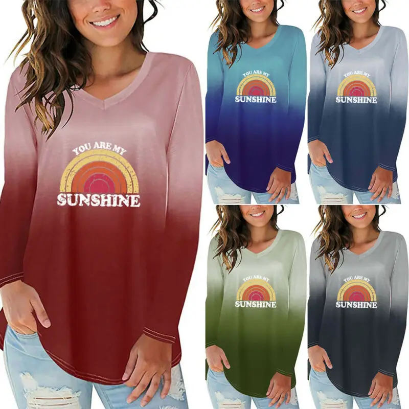

Women Fashion Gradient Long Sleeve Pullover Blouse Rainbow Letter Print V Neck Blouse T-Shirts