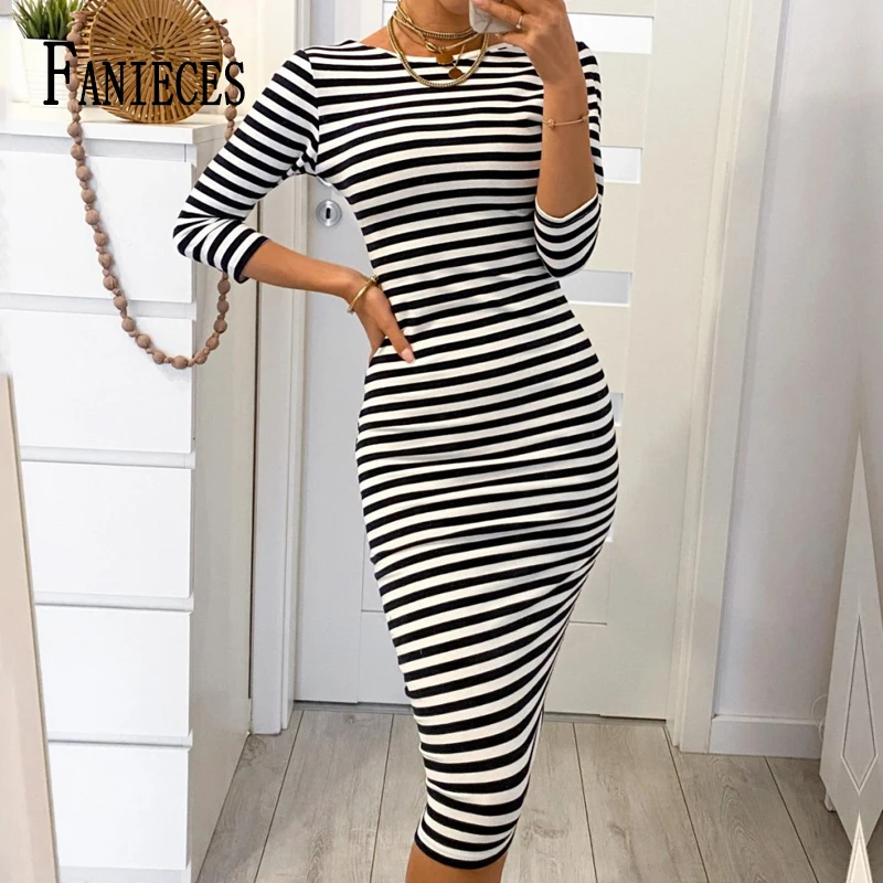 

Осеннее Полосатое облегающее длинное платье FANIECES, пикантное облегающее платье-карандаш с открытой спиной и длинным рукавом, Элегантное Веч...