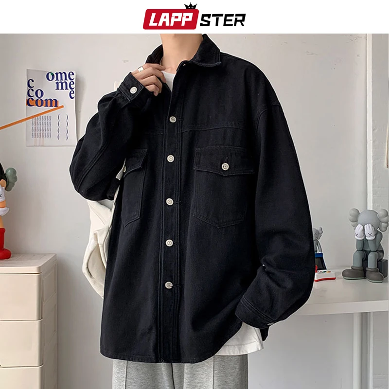 

LAPPSTER Men Japanese Streetwear Black Denim Jackets 2022 Winter Colors Mens Jeans Jackets Coats Male Korean Fashion Windbreaker