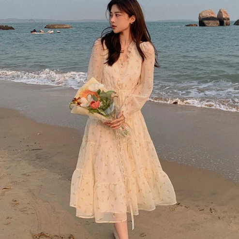

V-neck Elegant Sweet Dress Women Long Sleeve Chiffon Floral Dress Party Beach Dress for Females Korean Style 2021 Summer Chic