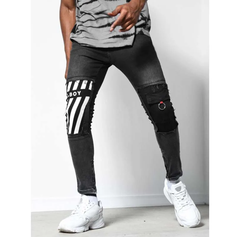 

Autumn Pockets Patchwork Men's Fashion Jeans Skinny Striped Harem Pencil Pants Vintage Male Denim Trousers Casual Hip Hop Pants