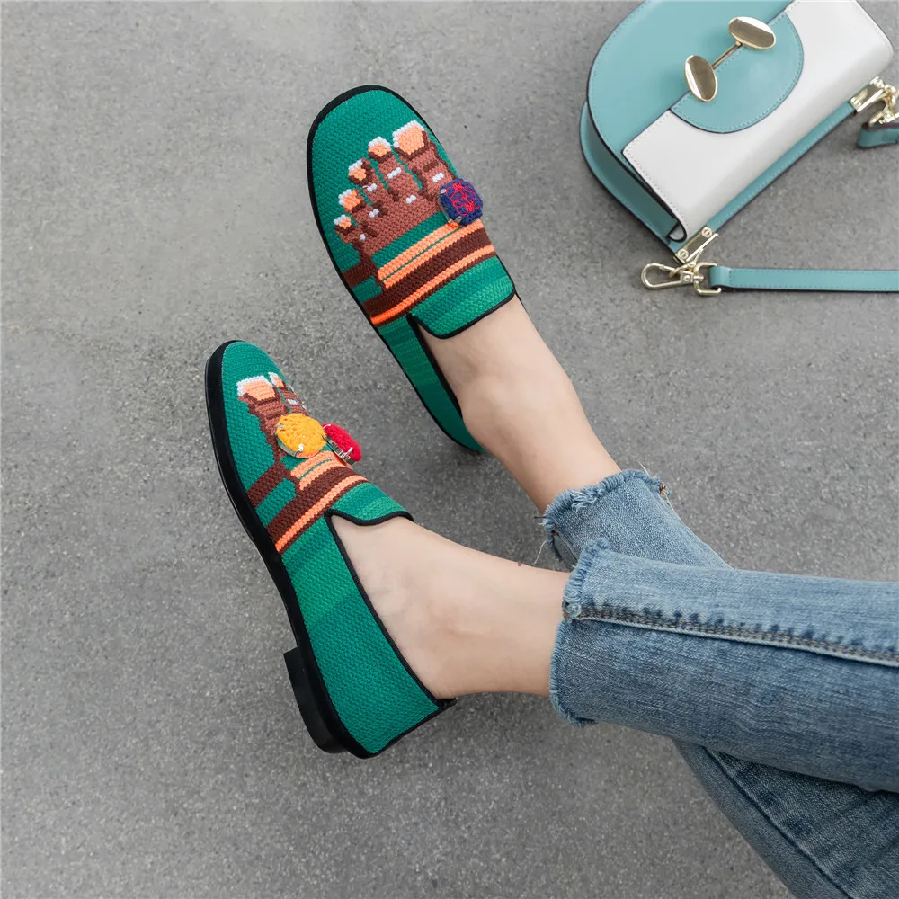 

Flat fashion knitting mixed colors embroidered loafers shoes round toe low heels women streetwear slip on shoes WMN22 MUYISEXI