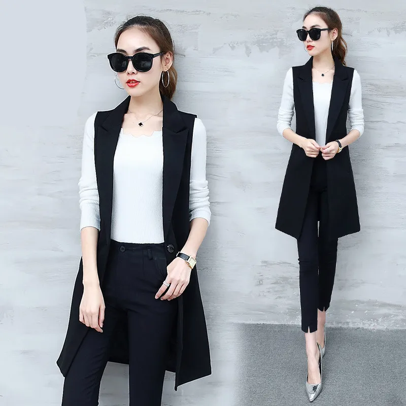 

Pop Elegant Suit Vest Women Spring Summer Sleeveless Long Vest Jacket Colete Blazer Vest Coat Women Waistcoat Plus Size 2XL