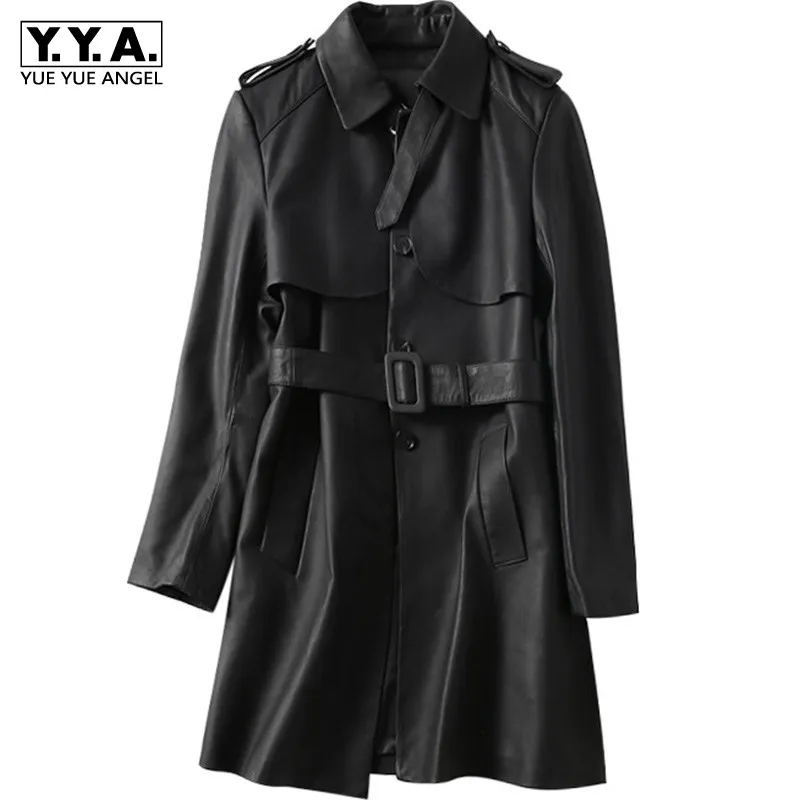 

Women Genuine Leather Windbreakers Streetwear Office Black Sheepskin Trench Coat OL Style Single Breasted Long Jacket Female