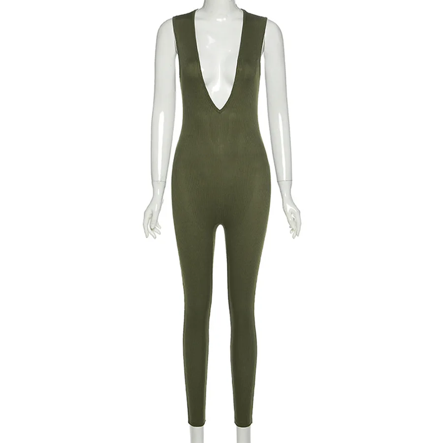 

Sexy Solid Bodycon Jumpsuit 2021 Women Fashion Streetwear Deep V-Neck Jumpsuits Skinny Slim Party Clubwear Outfits
