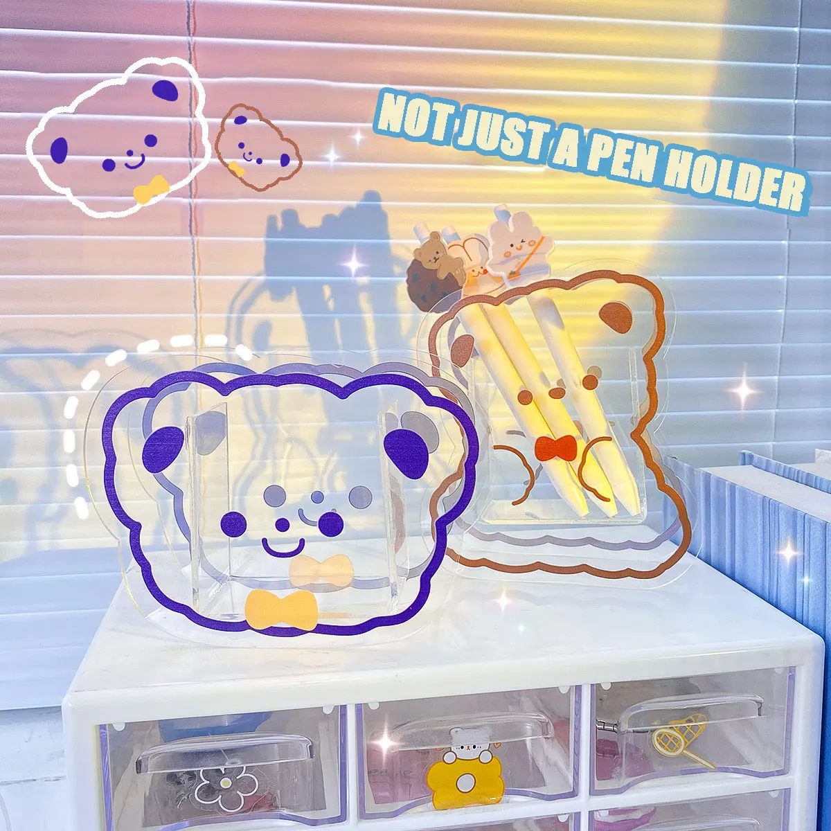 

Kawaii Acrylic Pen Holder Cute Bunny Bear Desktop Decoration Student Office Stationery Brush Storage Box Creative Organizer