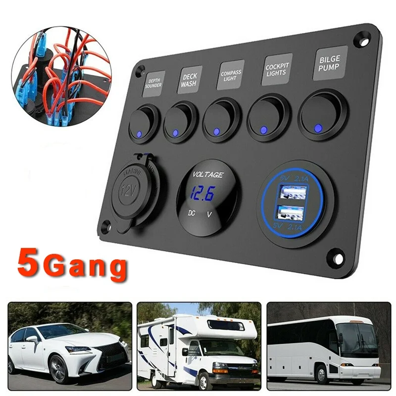 

5 Gang 12V/24V Inline Fuse Box LED Switch Panel Dual USB Car Boat Truck Camper Digital Voltage Display Blue LED Light