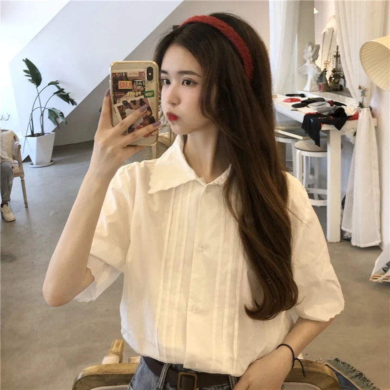 

Spring and Summer 2021new Sweet Mori White with Lapel Shirt Women's Design Sense Non-mainstream Chic Short Sleeve Shirt