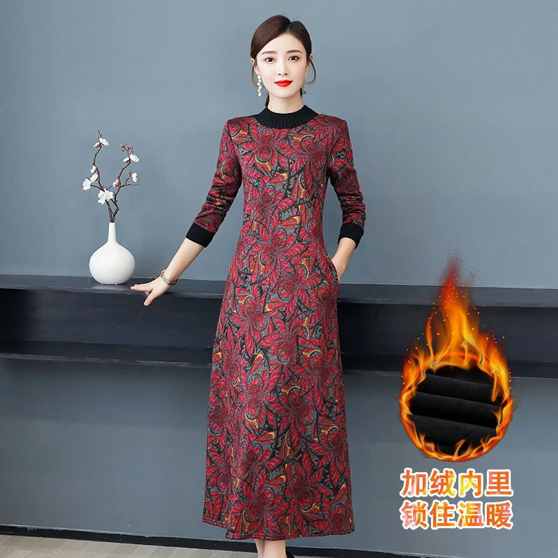 

COIGARSAM Women Dress Winter Autumn 2021 New Office Lady National Wind Print Long Sleeve O-Neck Add Wool Upset Red Green Dresses