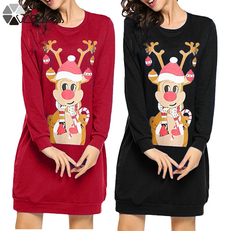 

Kawaii Women Dresses Casual Plus Size Cartoon Deer Print Long Sleeve Autumn Winter Elegant Party Vestidos Robe Christmas Clothes