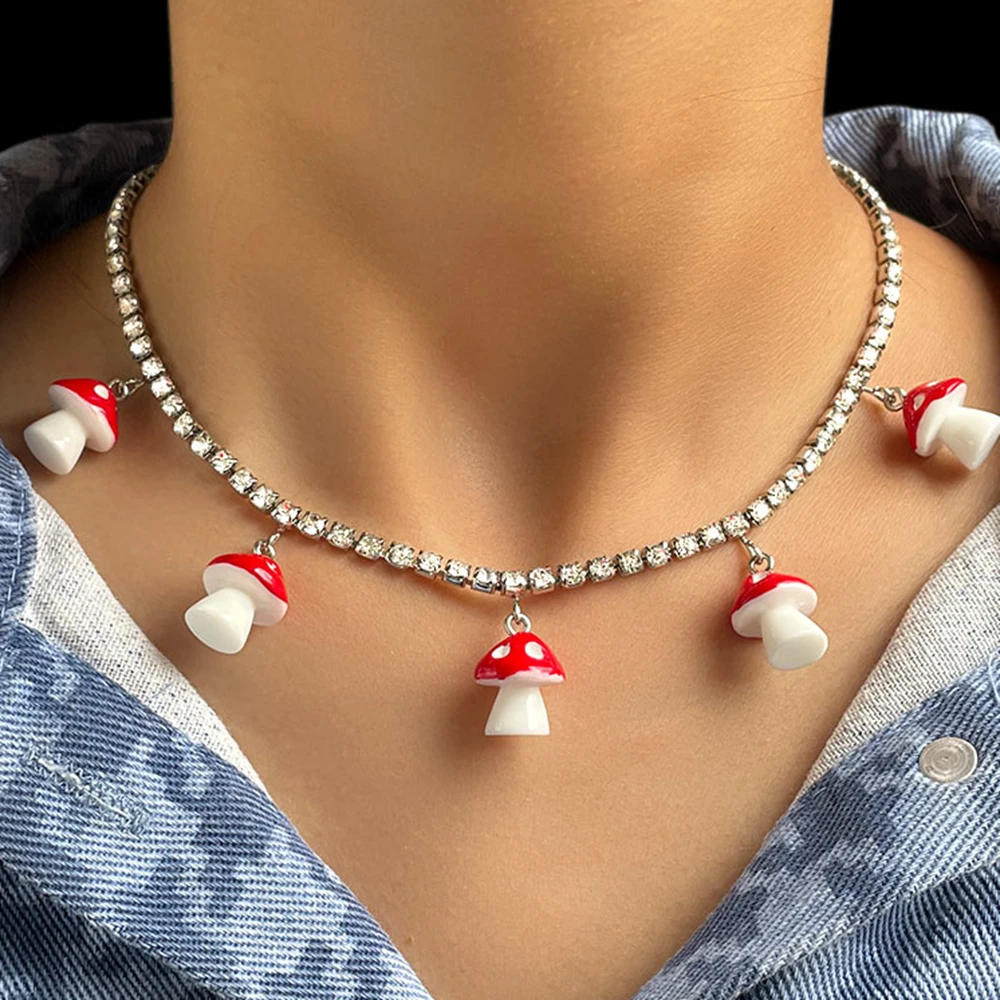 

Red Mushroom Pendant Crystal Tennis Chain Choker Necklaces For Women Fashion Simple Clavicle Chain Necklaces Hiphop Jewelry Gift