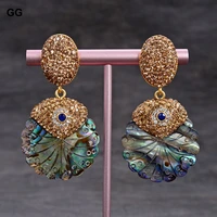 gg jewelry abalone shell carved flower mop golden trimmed with marcasite cubic zirconia cz dangle stud earrings