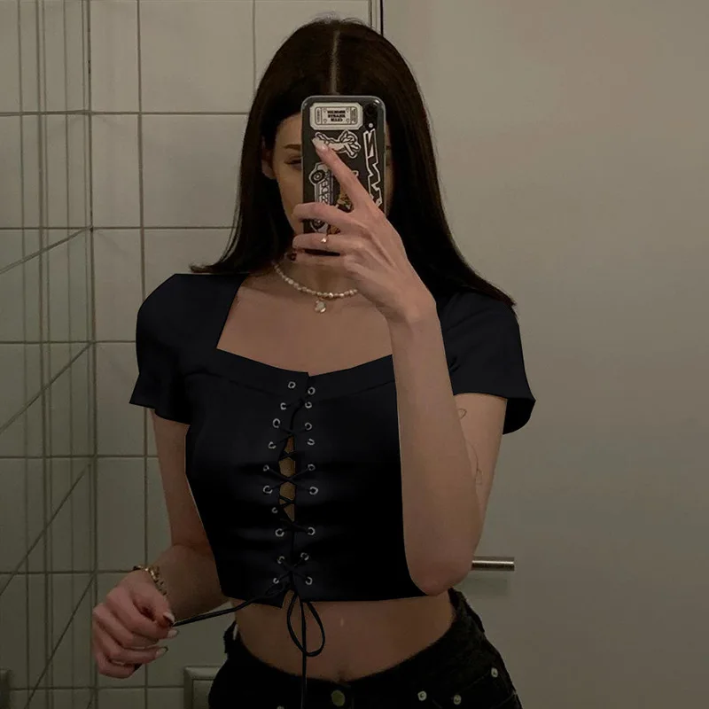 

Women Sexy Square Neck Solid Color Button Bandage Lace Up Skinny Short Sleeve Cropped T Shirt Top Blouse Harajuku Streetwear Cas