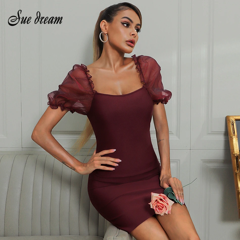 

2021 Summer Women Sexy Square Neck Puff Sleeve Burgundy Bodycon Bandage Dress Fashion Celebrity Club Party Mini Dress Vestido