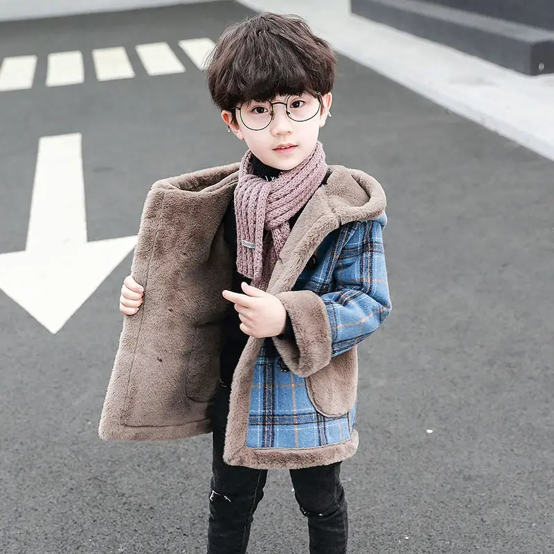 

Winter Woolen Jacket For Boy New 2021 Korean Version Plus Velvet Thickening Fashion Coat Lattice Hooded Children's Clothing