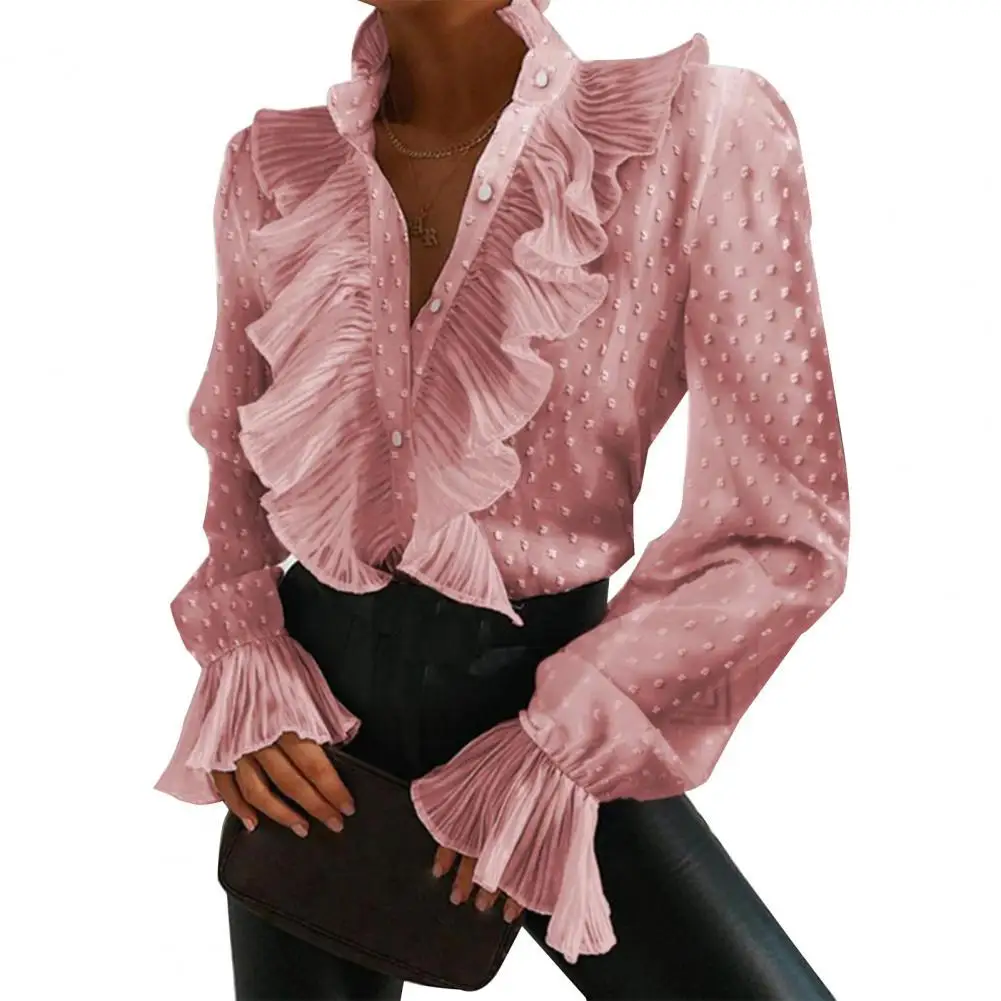 

80% HOT SALES !!! Elegant Women Autumn Long Flared Sleeve Blouse Ruffle Buttons Office Shirt Top
