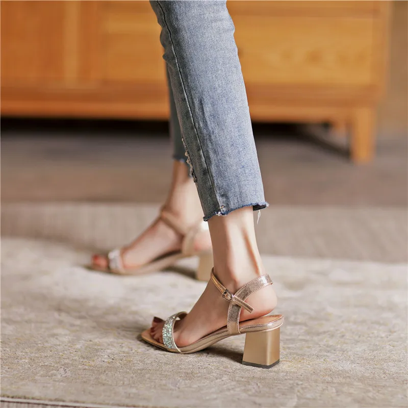 

Autuspin Women's Sandals for Summer Female Concise Thick Heels 2021 Fashion Crystal Decoration Party Wedding Prom Shoes Woman