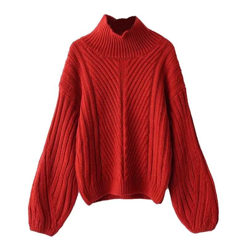 New Autumn Winter Turtleneck Ladies Pullover Lantern Sleeve Casual Womens Sweater Loose Fit Fashionable Knit Female Jumper