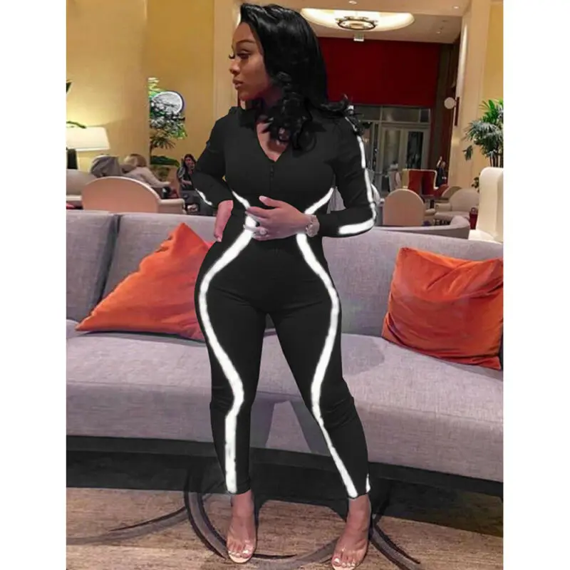 

2019 Autumn Women Reflective Striped Jumpsuit Long Sleeve V-Neck Zipper Bodycon Romper Sexy Skinny Ladies Long Pants Jumpsuit