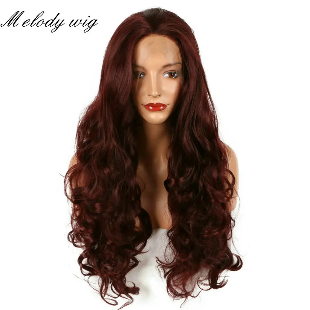 Melody Synthetic Lace Front Wig Heat Resistant Fiber Long Bouncy Curly Wine Red for Women Natural Looking Daily Wear Wig Cosplay