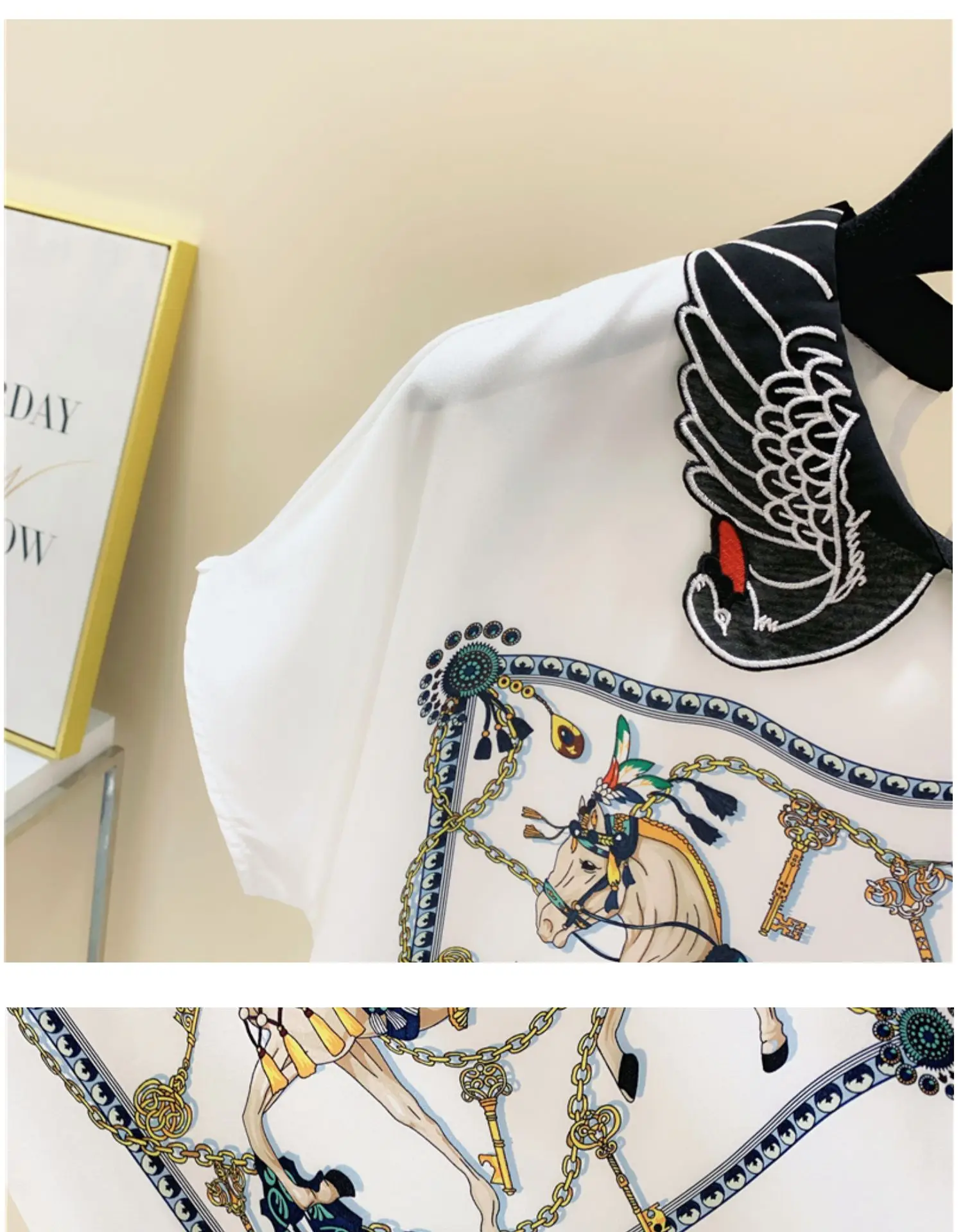 

Casual Retro Printed Peter Pan Collar Chiffon Short Sleeve Shirt for Women 2021 Summer New Lapel Pullover White Loose Shirts