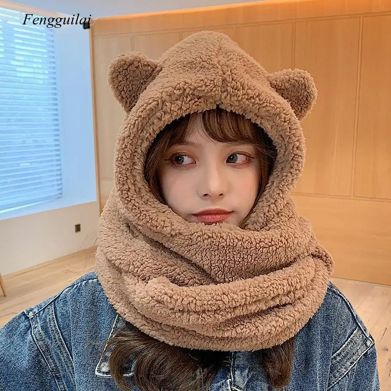 

Hat Scarf Gloves 3 Pcs Cute Plus Thickening Women's Cap Winter Hats Velvet Padded Bib Windproof And Warm Outdoor bucket hat