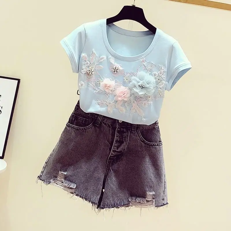 Весна лето 2020 новая синяя футболка женская трехмерная вышивка цветок Круглый