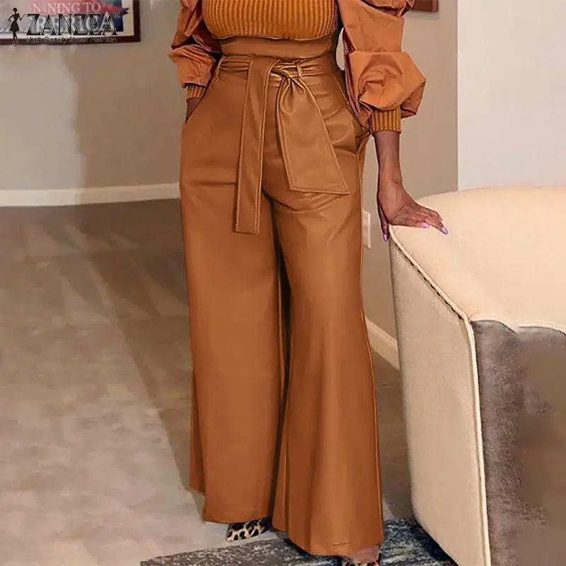 

2021 ZANZEA Fashion Autumn PU Leather Trousers Women Elegant High Waist Wide Leg Pants Solid Long Work Pantalon Oversize Palazzo