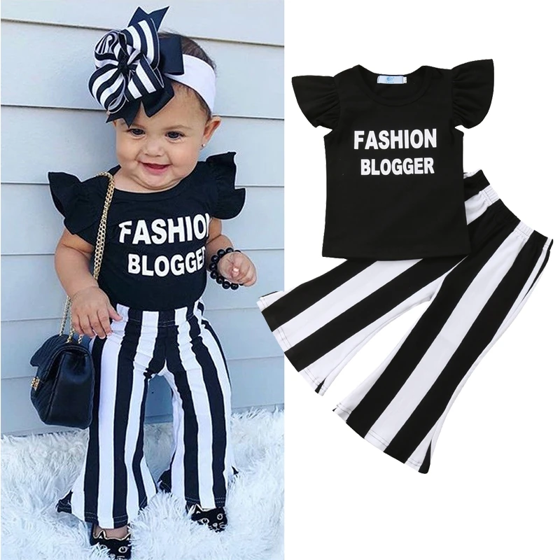 

1-6Y Kids Baby Girls Clothing set Ruffle Top T-shirt + Flared Striped Pants Leggings Clothes Outfits 2PCs set