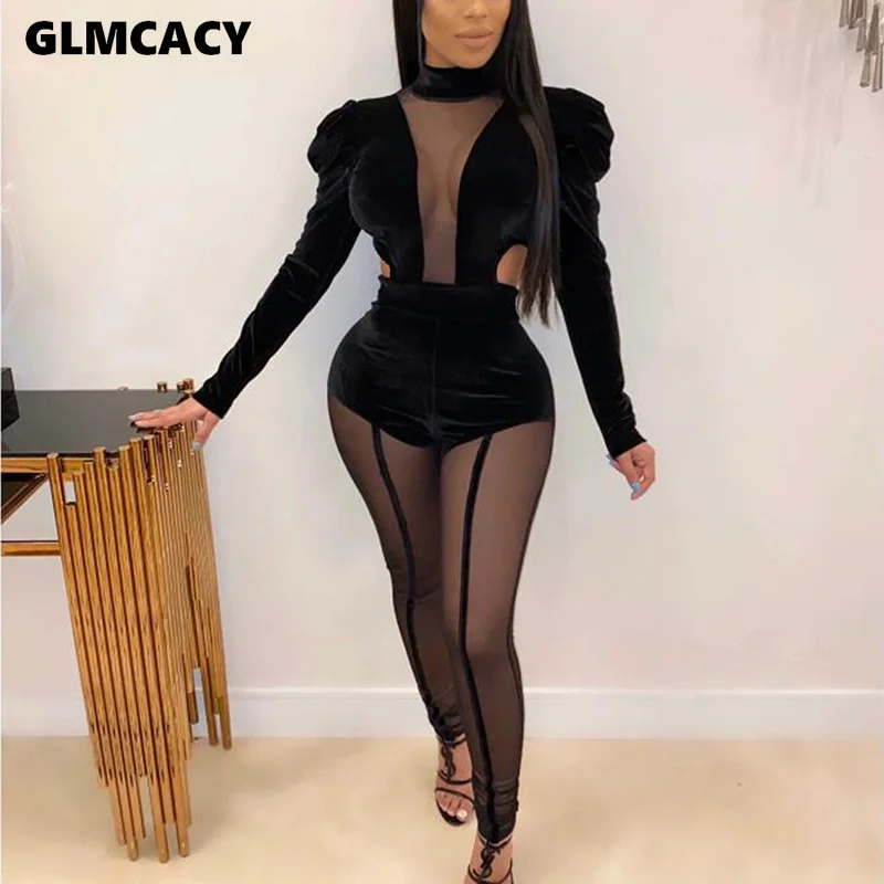 Женские сетчатые прозрачные комбинезоны с длинным рукавом вечерние Клубные