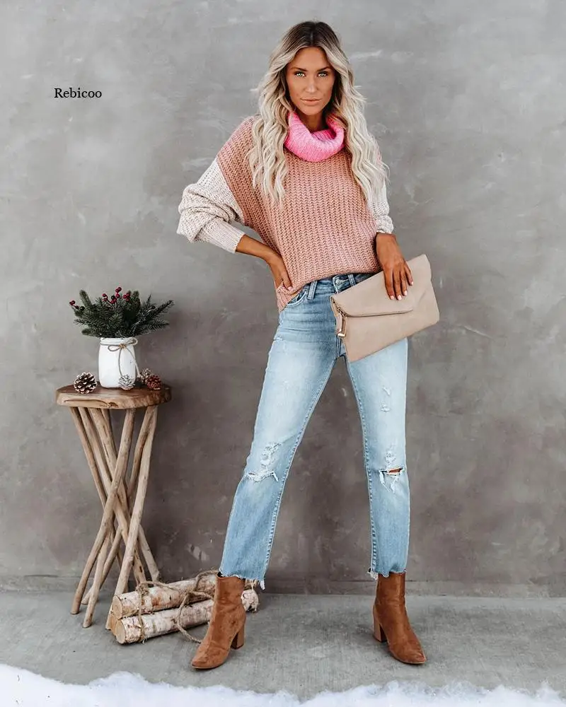 Женский вязаный свитер-водолазка в стиле пэчворк пуловер бохо Модный облегающий