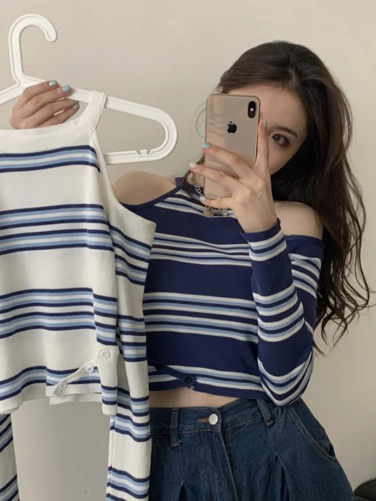 Женский свитер с открытыми плечами красная сетчатая кофта в полоску длинным