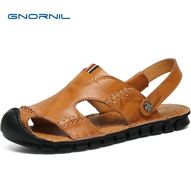 

GNORNIL Brand 2022 Fashion Men Shoes Summer Cow Leather Men Sandals Mens Casual Shoes Non-slip Rubber Sole Beach Shoes Size38-44
