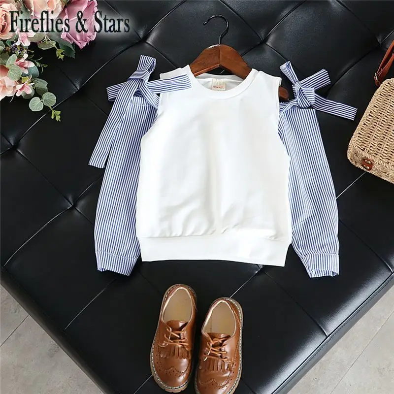 Spring Autumn baby shirt girls blouse kids fashion tops children long sleeve clothes bow striped off shoulder 2 to 7 yrs | Детская