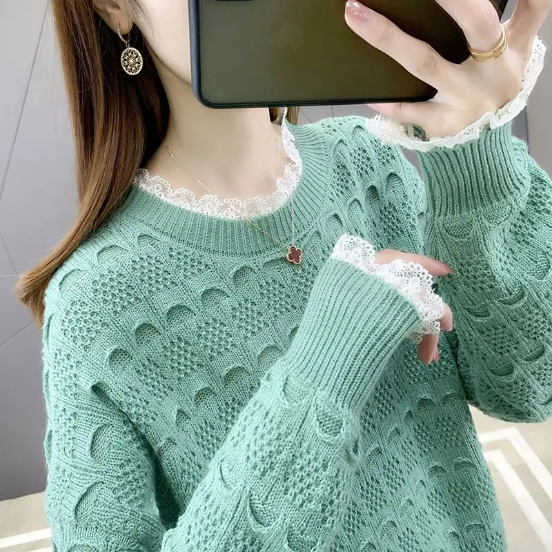 

Women lace stitching short sweater women spring and autumn 2021 new spring and autumn loose women's knit sweater for outer wear
