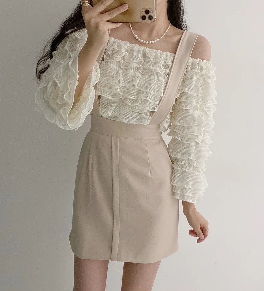 

Bornladies Black Apricot Lace Striped Off Shoulder Sexy Cute Sweet Korean Japanese Sets Suit