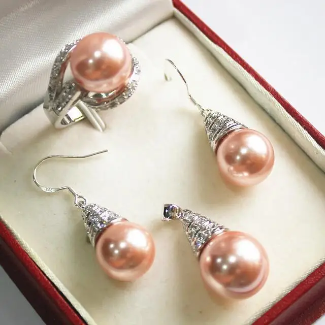 

Hot! beautiful new jewelry silver plated 12mmpink shell pearl pendant, earring, , ring set