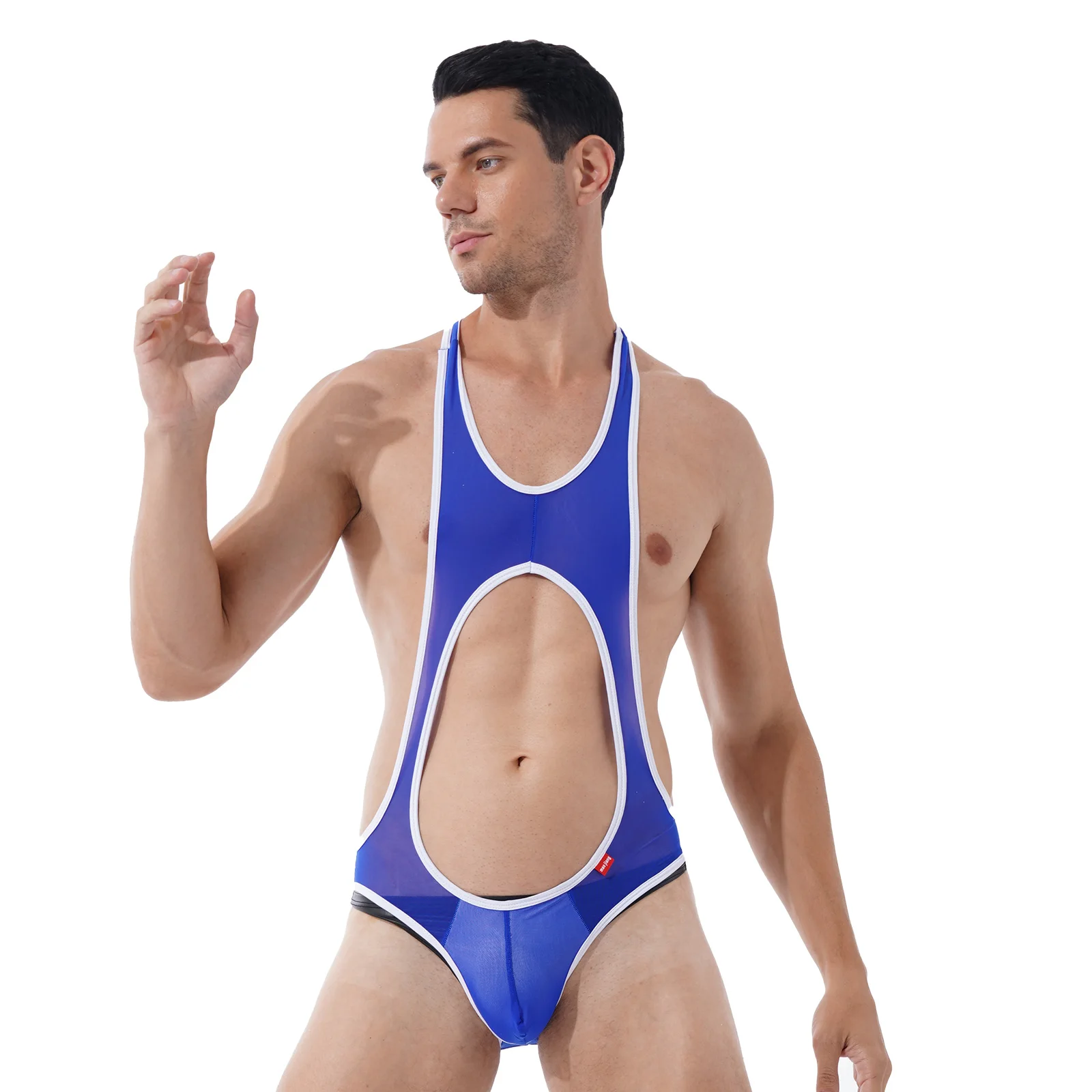 Мужское боди без рукавов с вырезами прозрачное Сетчатое трико Облегающий