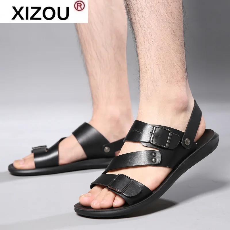 

Homens sandalias 2021 couro genuino sapatos de vero homem novo casual confortavel descalo sandlias homens pentoufle homme adulto