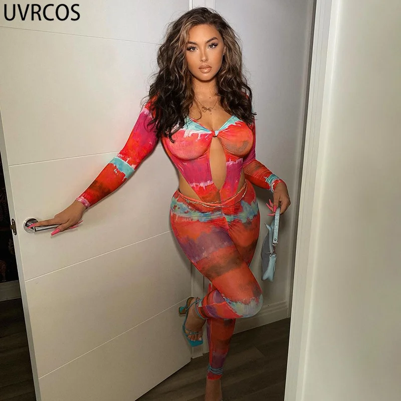 UVRCOS Women Clothing 2021 Two-piece Suits Mesh Tie Dye Print Chest Sexy Cleavage Single Button Bodysuit+Mid Waist Pencil Pants |