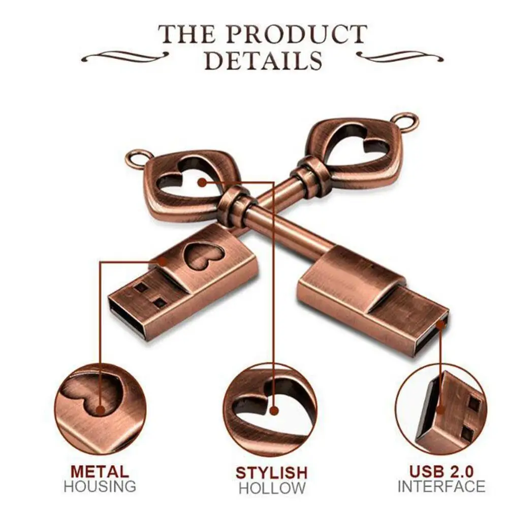 

Heart Key USB Flash Drive Metal U Disk Retro Key Shape USB Flash Drive Memory Stick for Notebook Laptop PC Creative Gifts